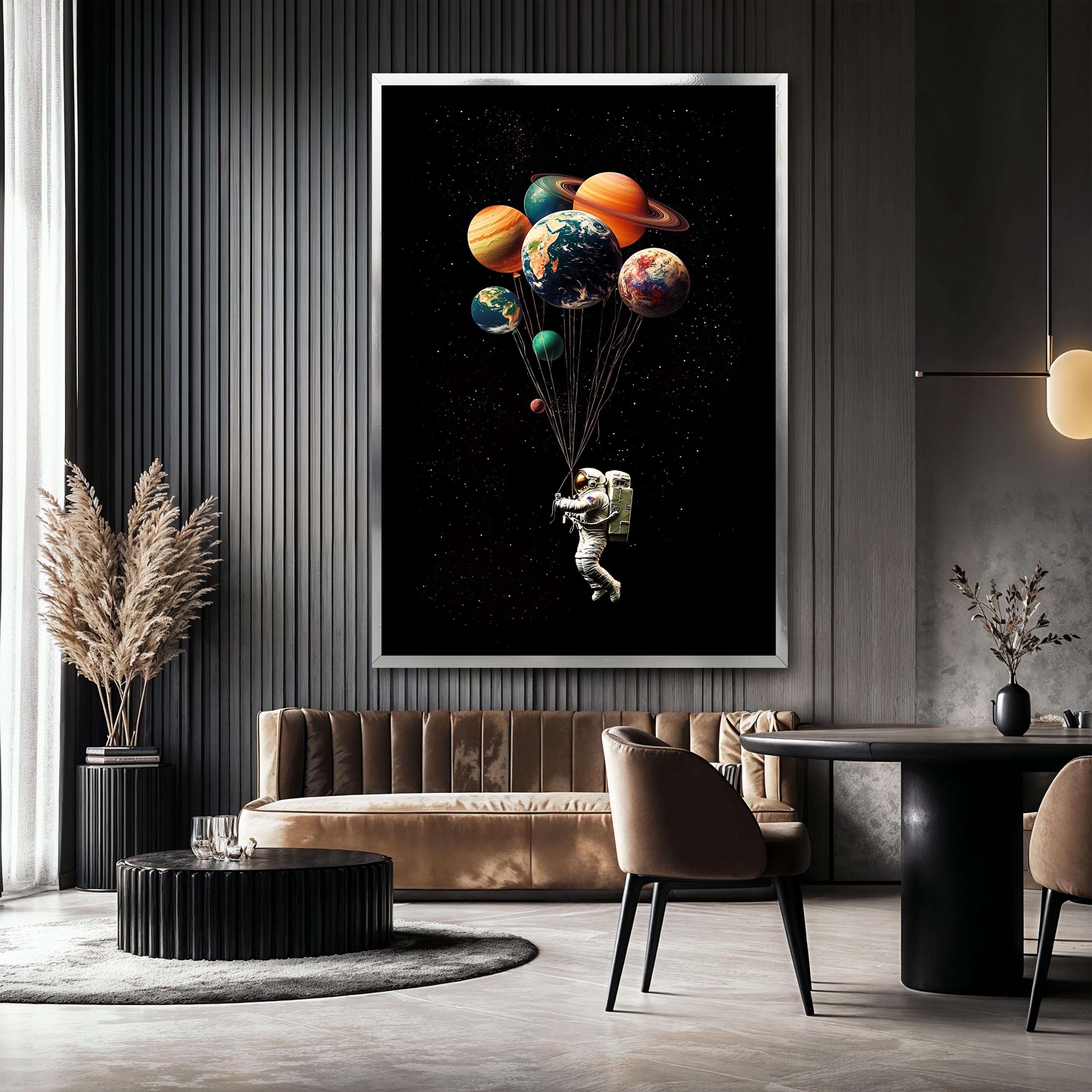 Astronaut Canvas Painting With Planets as Balloons, Space Wall Art ...