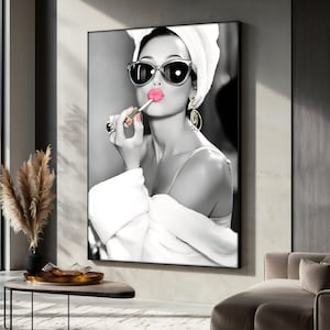Audrey Hepburn Canvas Painting, Black and White Glam Wall Art with Pink Lips, Audrey Hepburn Poster, Retro Fashion Decor, Elegant Gift