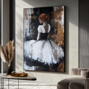 Elegant Ballerina Canvas Painting with Black and White Dress, Ballerina Art Decor, Dance Wall Art, Gift for Ballet and Art Lovers