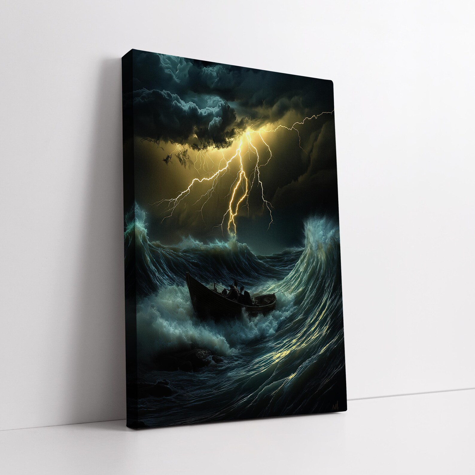 Stormy Sea and Lightning Art Print, Dramatic Ocean Waves Wall Art, Boat ...