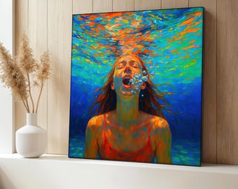 Underwater Girl Canvas Painting, Vibrant Colorful Art Print with Bubbles, Joyful Swimming Scene, Modern Wall Decor, Unique Gift Idea