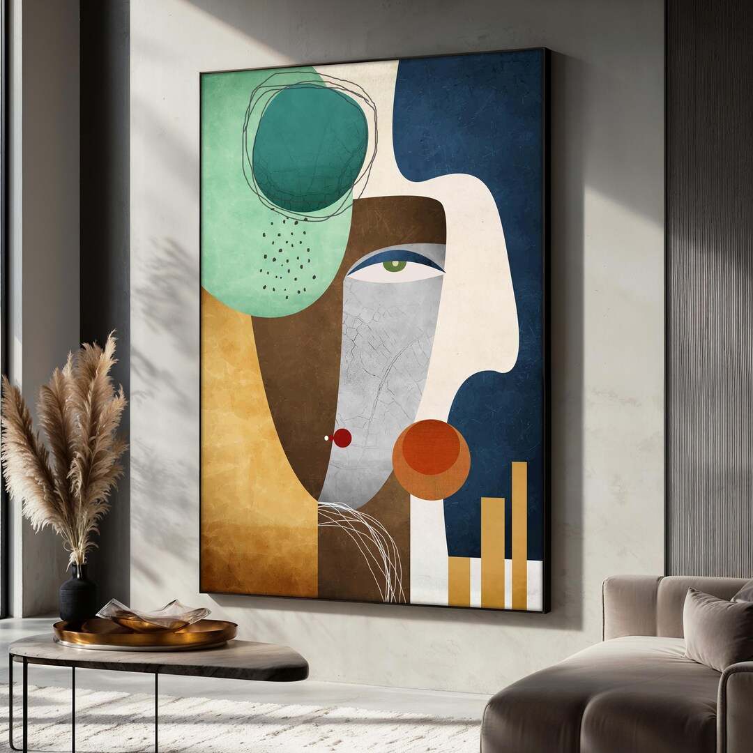 Colorful Abstract Face Canvas Painting, Modern Geometric Wall Art With ...