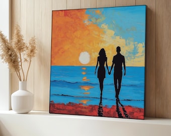 Romantic Sunset Dinner Canvas Painting With Couple Dining by the