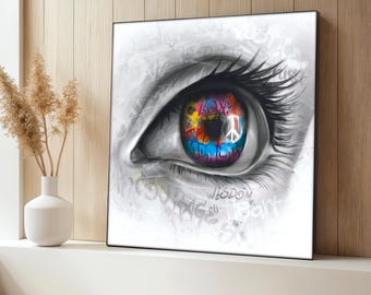 Graffiti Eye Canvas Painting, Colorful Reflections Wall Art, Urban Street Artwork, Office Wall Decor, Banksy Art Print, Modern Art Gift