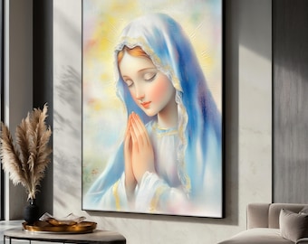 Blessed Virgin Mary Canvas Painting, Christian Religious Wall Art, Art Gift, Catholic Faith Decor, Holy Mother Artwork, Spiritual Home Gift