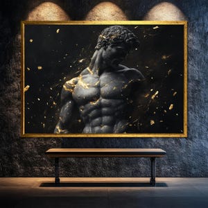 May include: A black and gold framed canvas print of a muscular, sculpted figure with a textured, marble-like finish. The figure is posed in a dramatic, contemplative stance, with gold accents highlighting the contours of the body.