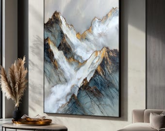 山の風景画キャンバス、霧の峰々を描いたゴールドのアクセント付きウォールアート、リビングルームに飾る穏やかな自然風景、シックなアートギフト