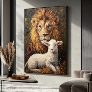 Lion and Lamb Canvas Painting, Christian Wall Art Symbol of Peace and Faith, Religious Home Decor, Gift for Believers and Families