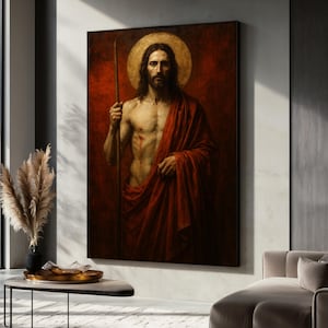 Jesus Christ Canvas Painting, Sacred Wall Art with Red Robe and Golden Halo, Classic Religious Portrait for Christian Homes, Faith Gift
