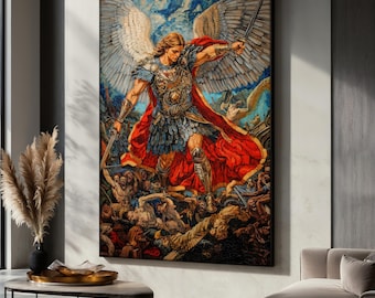 Archangel Michael Canvas Painting, Warrior Angel Wall Art, Christian Home Decor, Powerful Religious Artwork, Heavenly Gift For Believers
