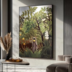 May include: A painting of a jungle scene with a monkey holding a yellow fruit in its mouth. The monkey is standing in the center of the painting, surrounded by lush green foliage. The painting is signed "Henri Rousseau 1910" in the bottom right corner.