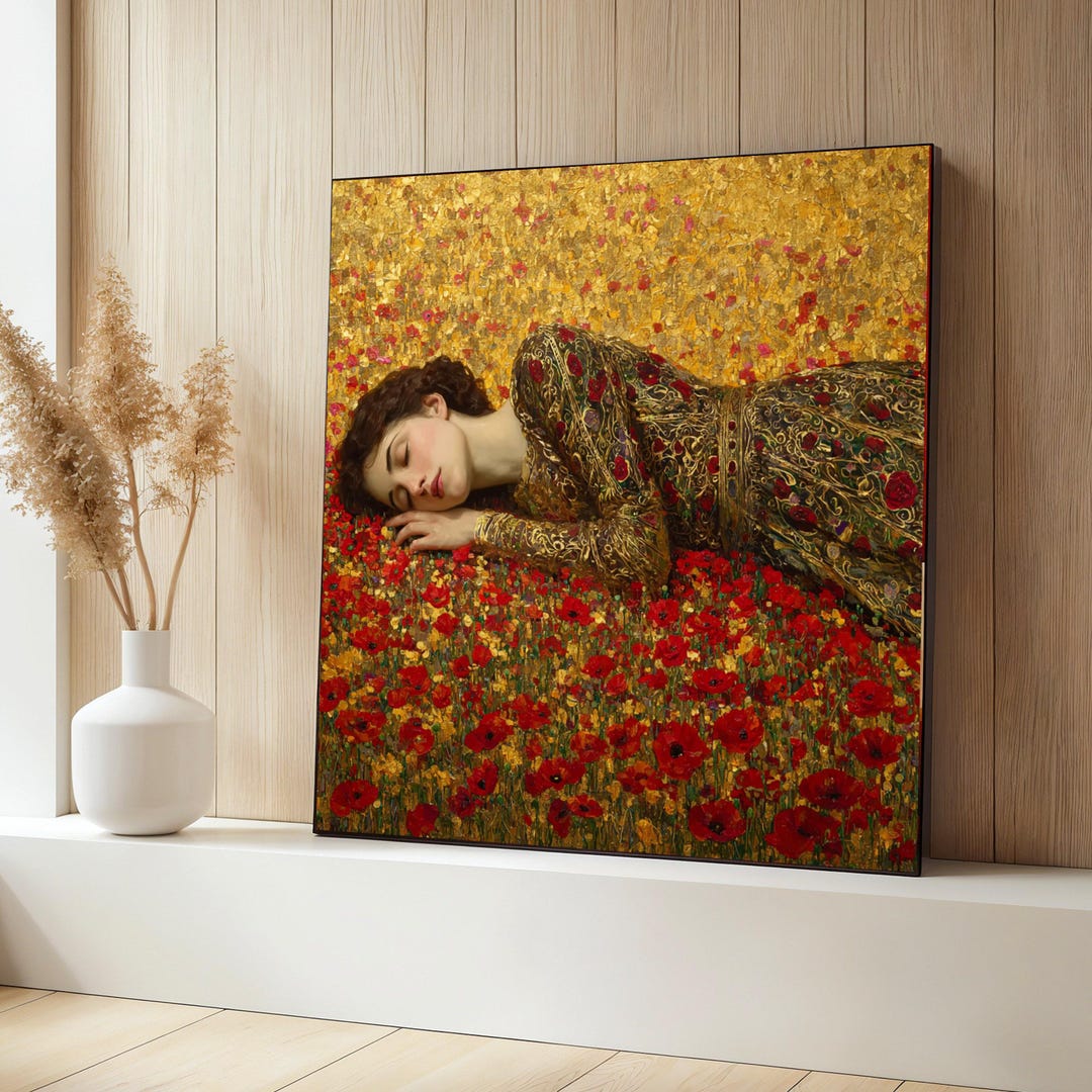 Gustav Klimt Sleeping Woman Canvas Wall Art, Floral Landscape Painting ...