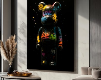 Graffiti Bear Wall Art, Colorful Urban Toy Canvas Painting, Modern Street Style Artwork, Room Decor, Cool Pop Culture Decor, Unique Art Gift
