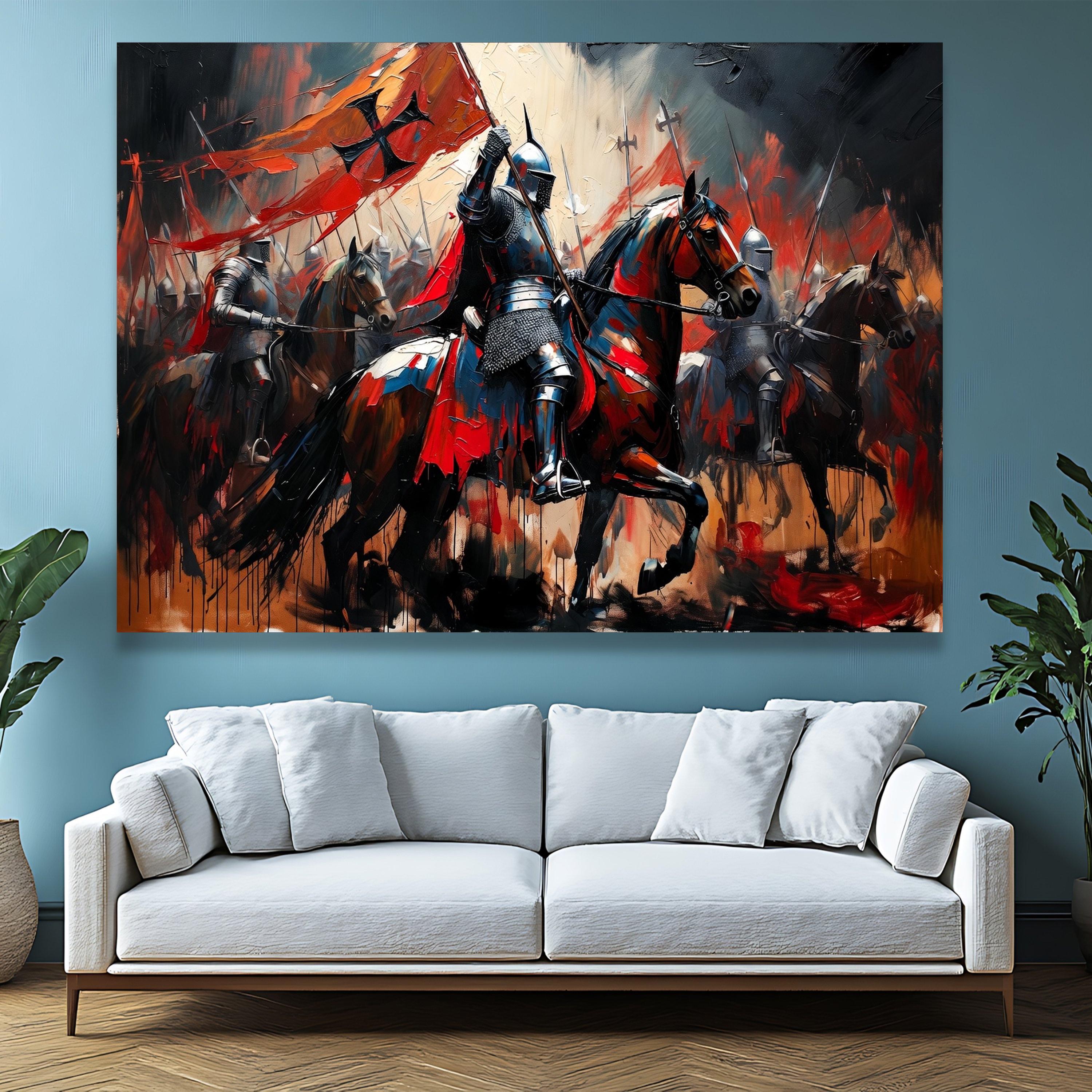 Medieval Knight Battle Scene Canvas, Armor Warrior Horseback Painting ...