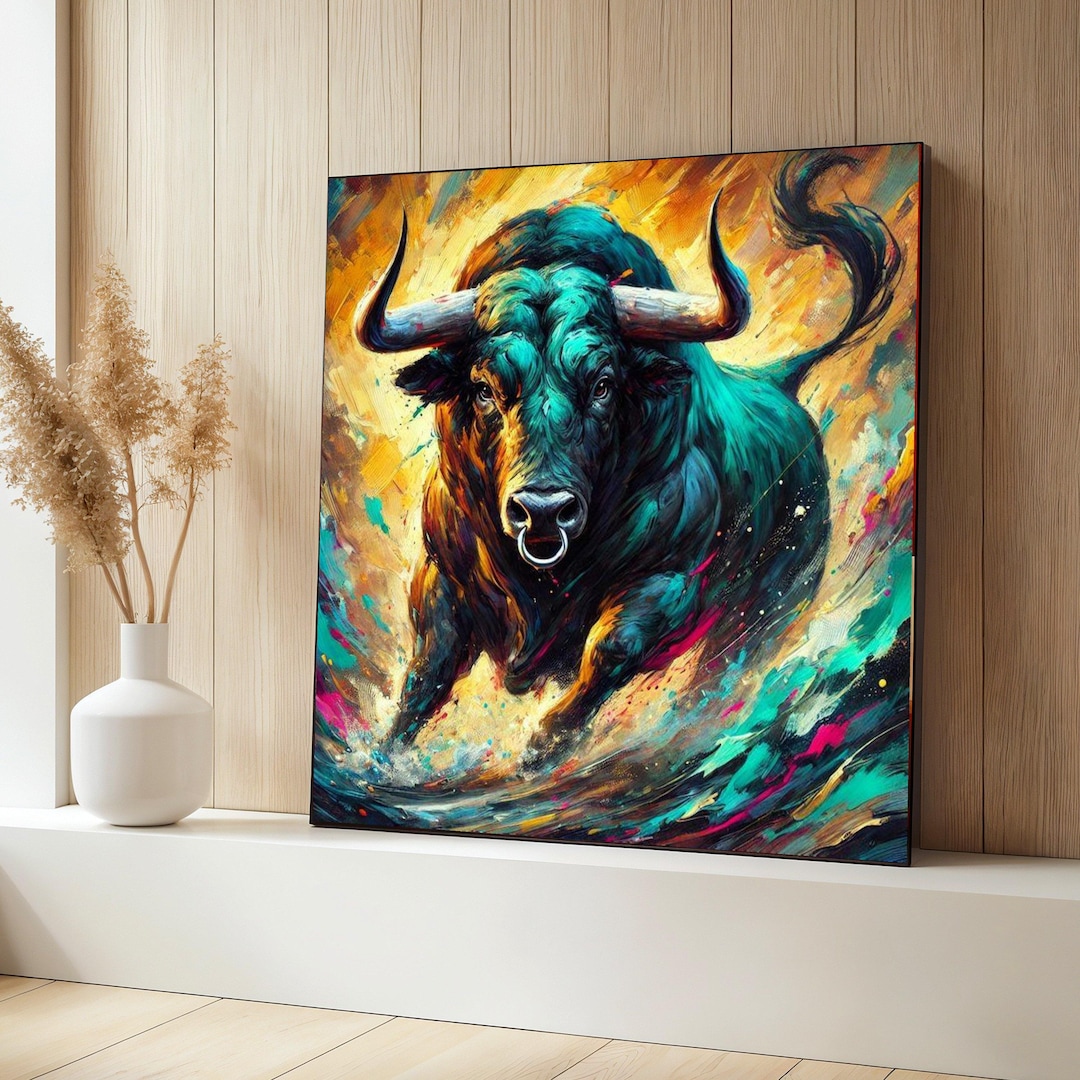 Bull Canvas Painting, Colorful Wild Animal Wall Art, Powerful Taurus ...
