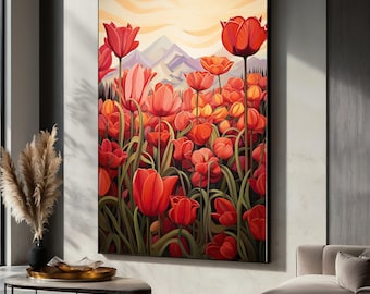 Tela con campo di tulipani rossi vivaci, arte murale floreale, dipinto di paesaggio montano, decorazione da giardino naturalistica, stampa su tela botanica luminosa, idea regalo
