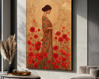 Gustav Klimt Woman Portrait Canvas, Red Poppy Field Artwork, Golden Background Wall Art, Floral Decorative Canvas, Elegant Home Decoration