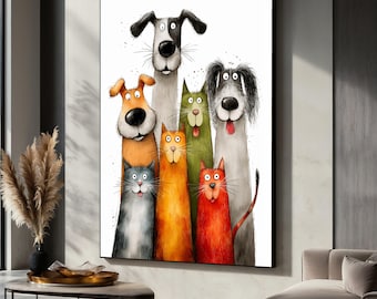 Whimsical Dogs and Cats Canvas Wall Art, Colorful Pet Portraits, Fun Animal Decor, Playful Home Decoration, Ready to Hang Art, Funny Gift