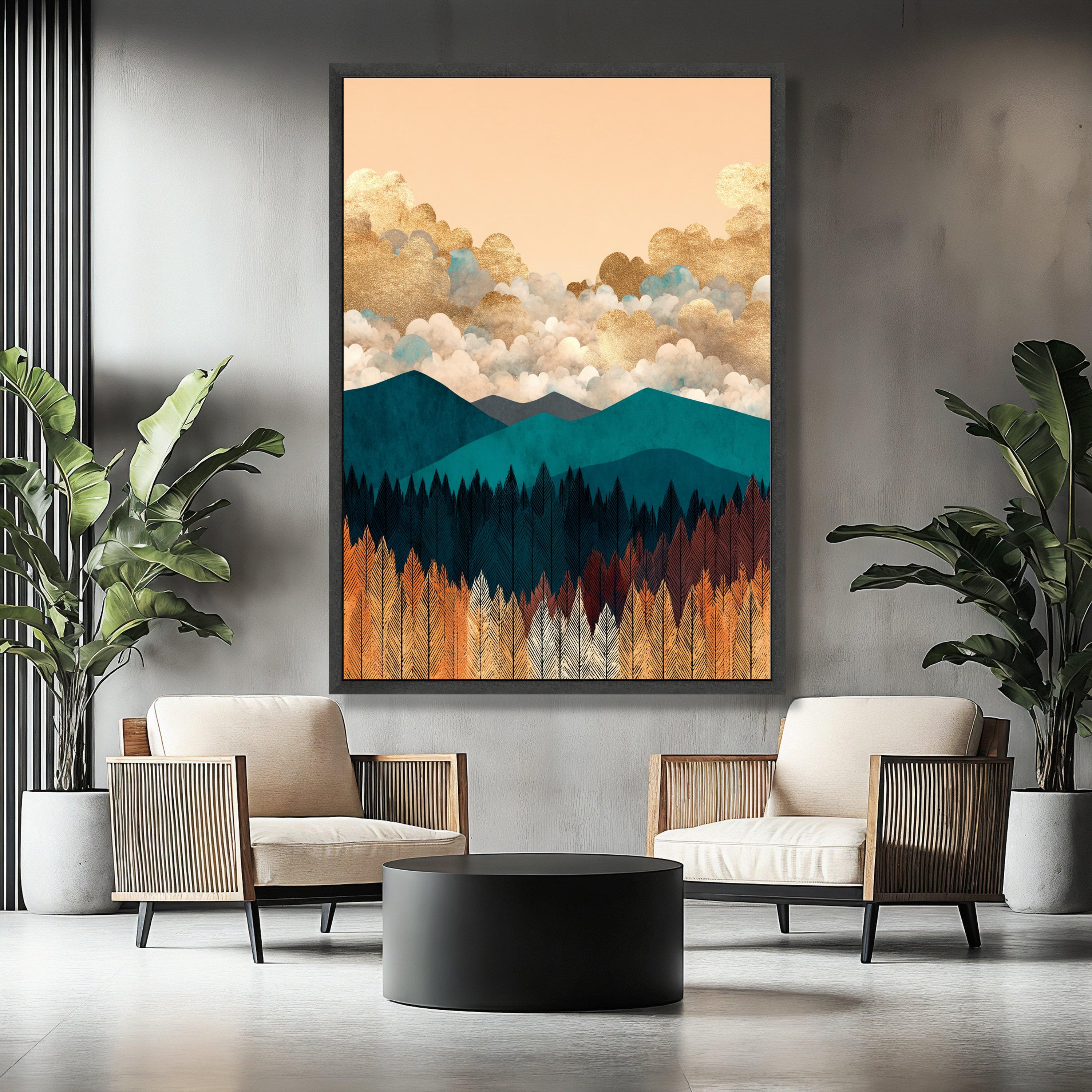 Mountain Landscape Canvas Painting, Abstract Nature Wall Art With Gold ...