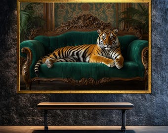 Luxury Tiger Canvas Wall Art on Green Velvet Sofa – Baroque Style Jungle Animal Print for Living Room, Office or Unique Gift Décor