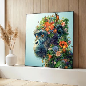 Colorful Gorilla Canvas Painting With Flowers, Modern Animal Wall Art, Surreal Canvas, Jungle Monkey Art Decor, Vibrant Nature Art Gift Idea