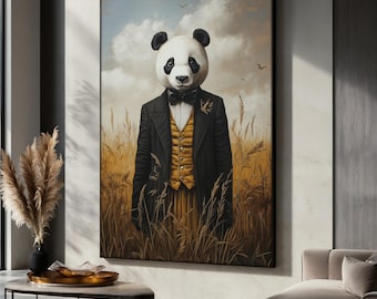 Vintage Panda Canvas Painting in Suit, Animal Wall Art, Panda Poster, Rustic Field Decor, Elegant Panda Wall Decor, Unique Animal Art Gift