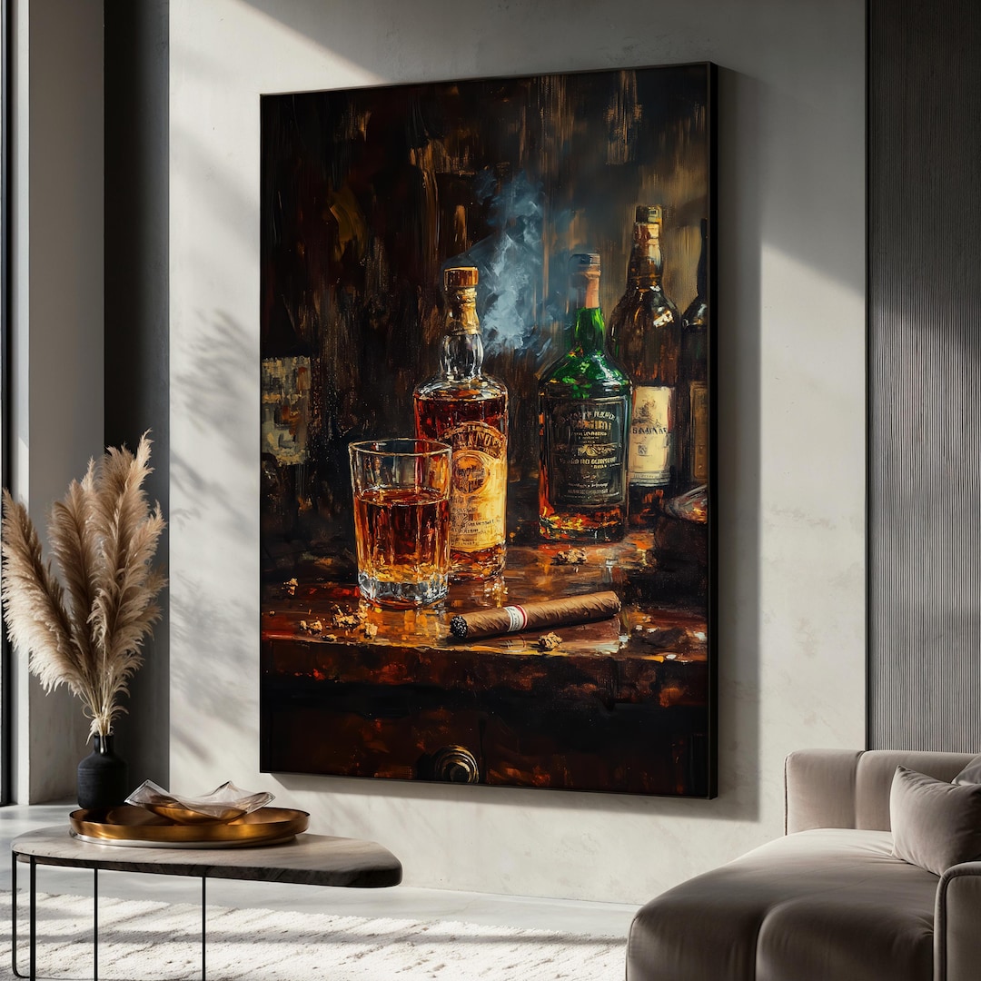 whiskey-bottle-and-cigar-canvas-painting-dark-bar-wall-art-elegant