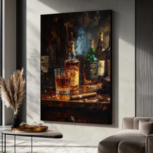 Whiskey Bottle and Cigar Canvas Painting, Dark Bar Wall Art, Elegant Alcohol Decor, Gift for Men’s Lounge or Office, Rustic Bar Print