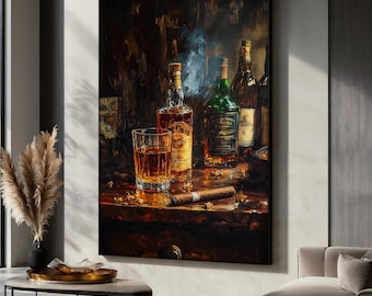 Canvas schilderij whiskyfles en sigaar, donkere bar muurkunst, elegant alcoholdecor, cadeau voor herenlounge of kantoor, rustieke barprint