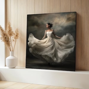 Elegante ballerina canvas schilderij, vrouw in vloeiende witte jurk kunst aan de muur, danser kunst, decor romantisch huis, vrouwelijk cadeau voor liefhebbers van dansers