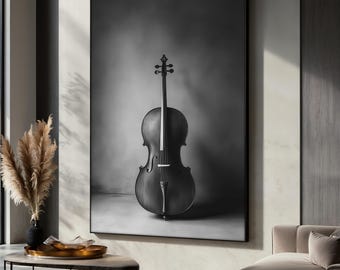 Quadro su tela con violoncello in bianco e nero, elegante decorazione murale a tema musicale per il soggiorno, opera d'arte con violoncello, regalo per gli amanti della musica classica.