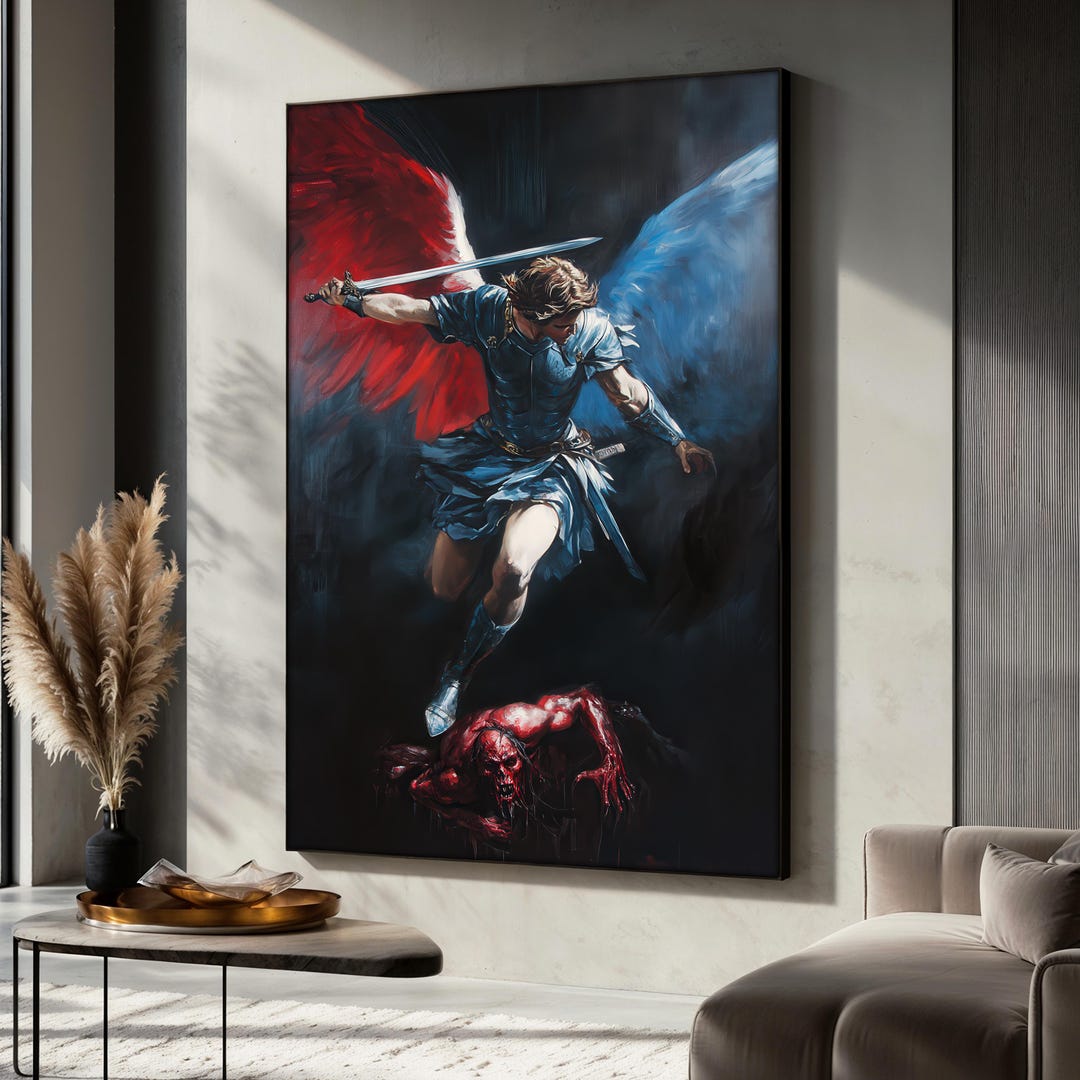 Archangel Michael Canvas Painting, Red and Blue Wings Wall Art, Warrior ...