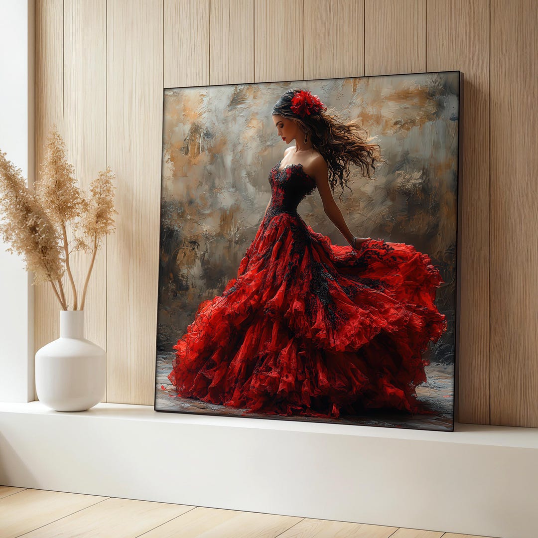 Elegant Woman in Red Dress Canvas Painting, Romantic Lady Floral Wall ...