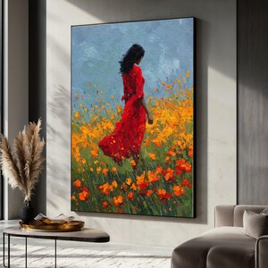 Woman in Red Dress Canvas, Floral Field Wall Art, Impressionist Flower Meadow Painting, Vibrant Garden Canvas, Nature Scene Wall Decor
