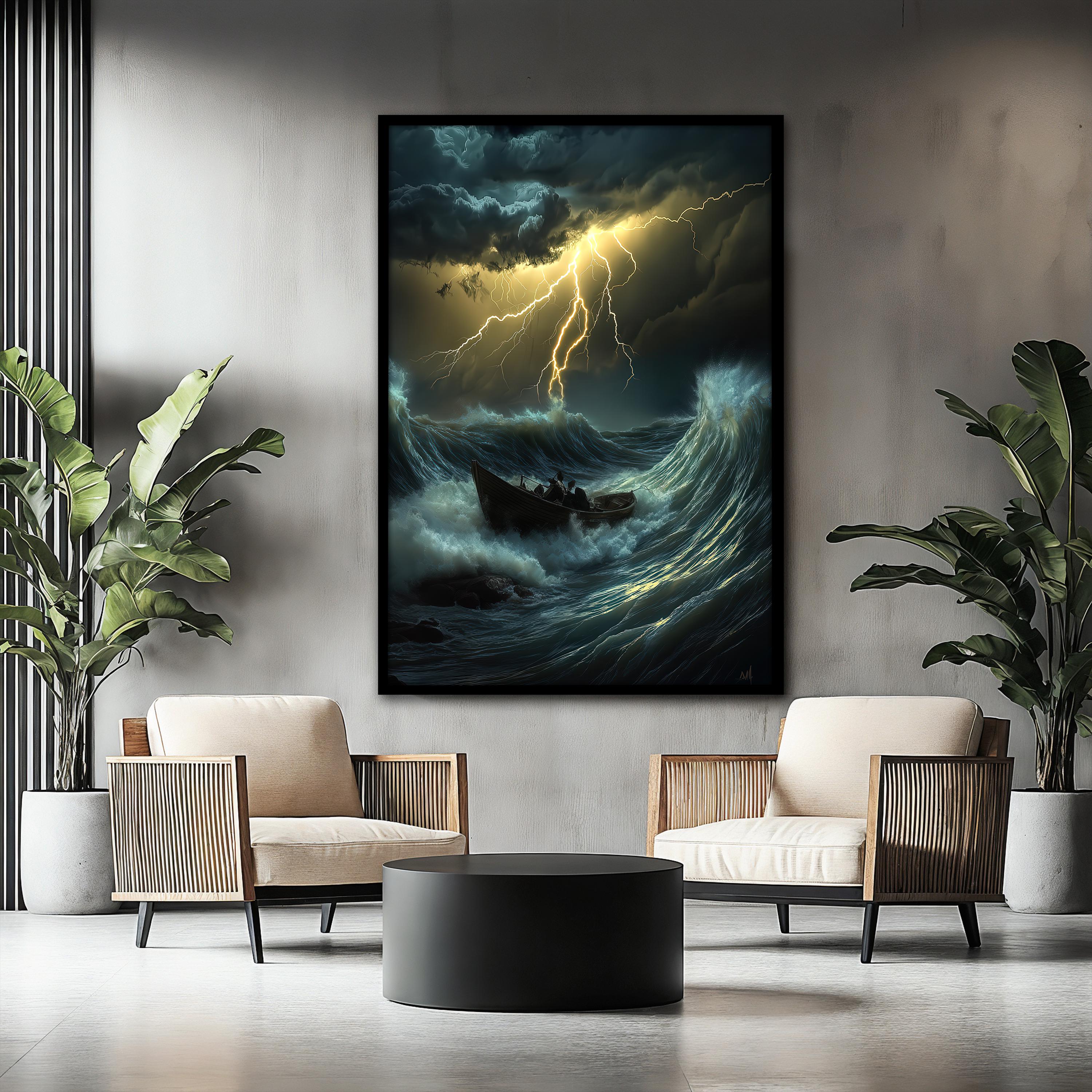 Stormy Sea and Lightning Art Print, Dramatic Ocean Waves Wall Art, Boat ...
