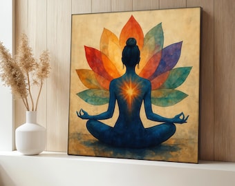 Meditation Canvastavla, Färgglad Lotus Yoga Poster, Spirituell Zen-dekor med Strålande Chakra, Konstverk för Fridfullt Wellness, Unik Konstgåva