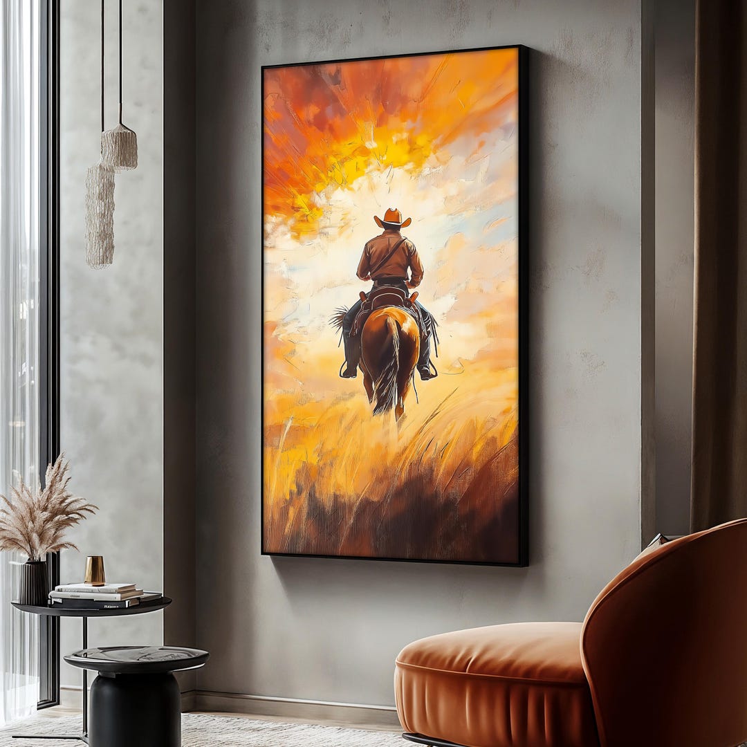 Cowboy on Horse Canvas Painting, Western Sunset Wall Art, Country Rider ...