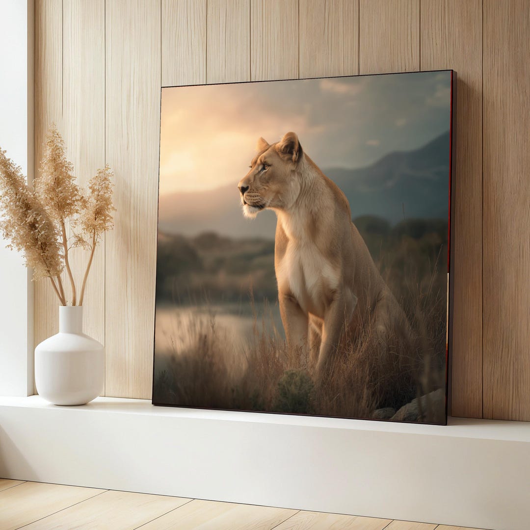 Majestic Lioness Wildlife Canvas, Sunset African Savanna Wall Art ...