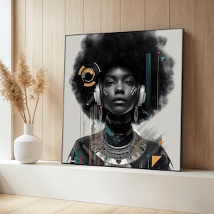 Afrocentric Frau Leinwand Gemälde, moderne schwarze Porträt Wandkunst, futuristische Stammes-Dekor, mutiges ethnisches Kunstwerk, perfektes Geschenk