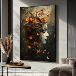 Herbst Frau Kunstdruck, Abstrakte Natur Wandbild, Fantasy Baum Gesicht Dekor, Surrealer Wald Poster, Mystische Landschaft Leinwand, Kunst Geschenkidee