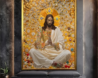 Sacred Jesus Canvas Painting in Meditation Pose with Gold and Floral Mosaic – Spiritual Religious Wall Art for Gift or Peaceful Decor