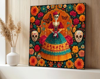 Day of the Dead Canvas Painting, Colorful Sugar Skull Wall Art, Mexican Skeleton Woman Decor, Folk Art Style Print, Cultural Art Gift