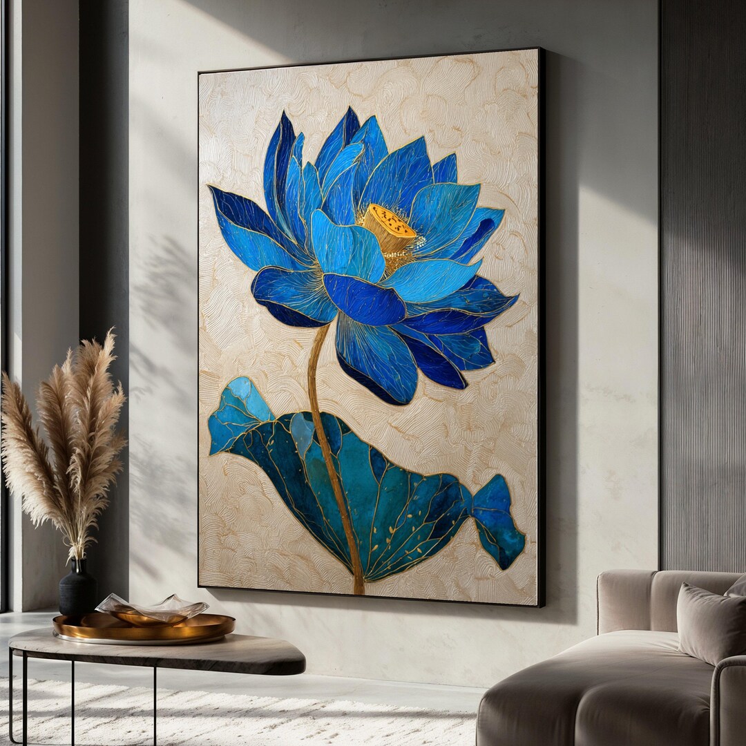 Blue Lotus Flower Canvas Wall Art, Modern Floral Painting, Botanical ...