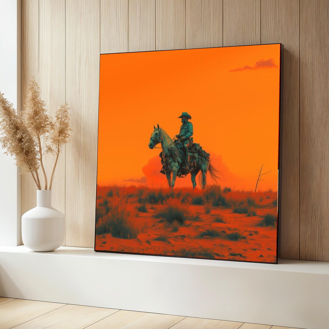 Cowboy Canvas Painting, Western Horse Rider Wall Art, Orange Desert ...