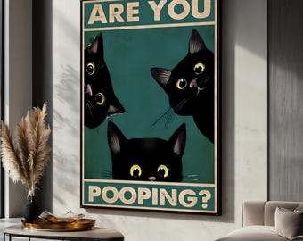 Funny Cat Canvas Painting, Black Cat Bathroom Wall Art, Vintage Retro Poster, Quirky Home Decor, Humorous Pet Lover Gift, Cute Cat Print