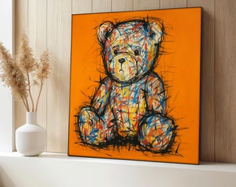 Kleurrijke teddybeer canvas schilderij, abstracte oranje muurkunst, gedurfde pop-art stijl beer print, moderne kinderkamer decor, uniek cadeau-idee
