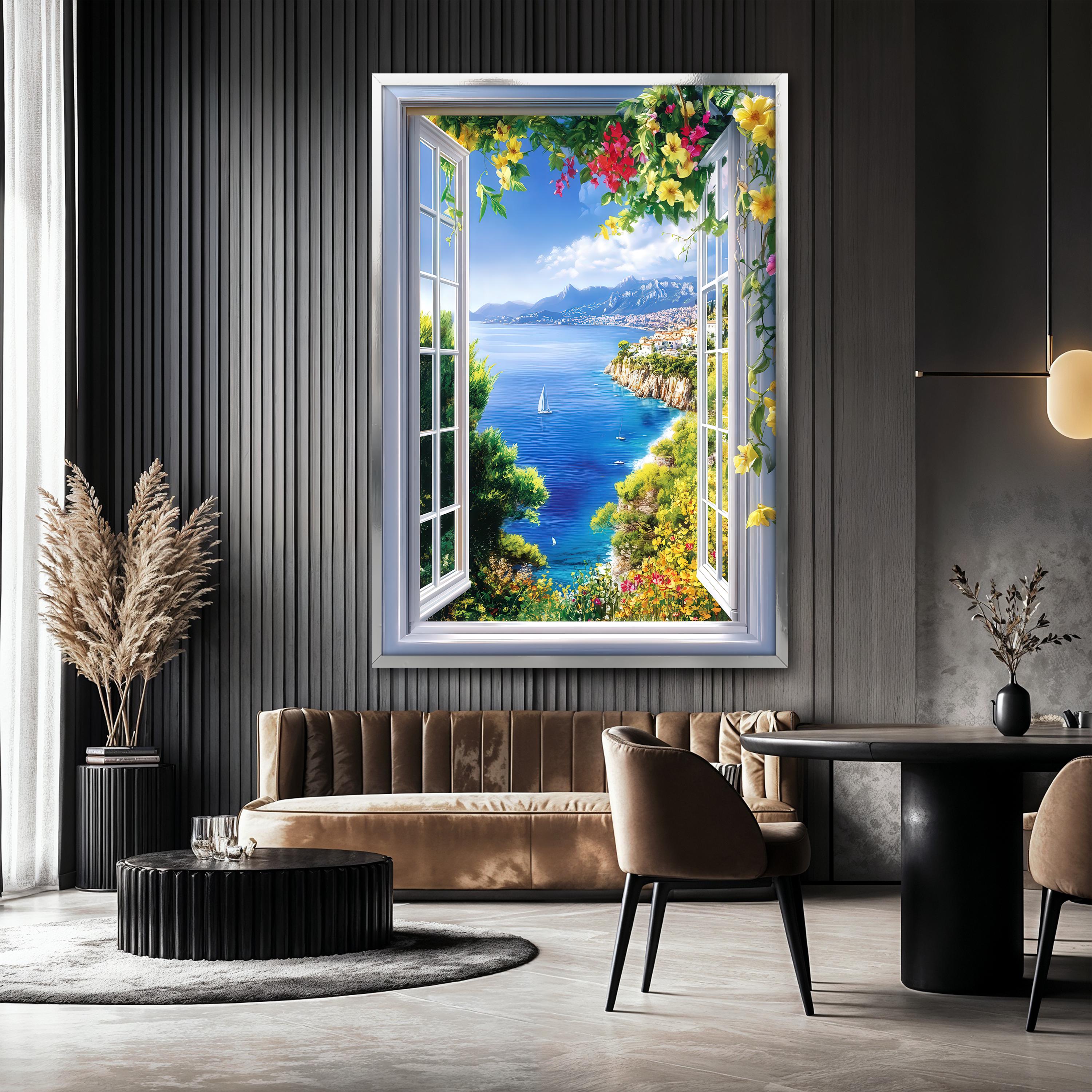 Mediterranean Sea View Canvas Painting, Open Window Coastal Wall Art ...