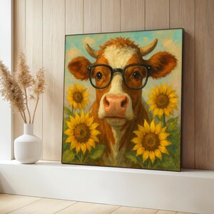 Funny Cow Canvas Painting with Glasses and Sunflowers, Cow Canvas, Farmhouse Wall Art, Animal Wall Print, Living Room Decor, Funny Art Gift