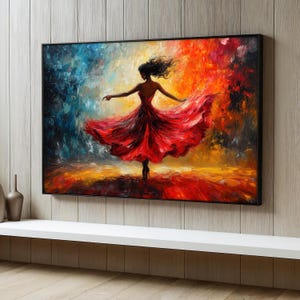 Rotes Kleid Tänzerin Leinwand Gemälde, Flamenco Kunstdruck, Bunte Abstrakte Wandkunst für Wohnzimmer, Flamenco Kunst Geschenk für Tanzliebhaber