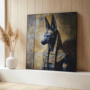 Anubis Canvas Painting, Ancient Egyptian God Wall Art with Gold Details, Mythical Jackal Head Decor for Home, Powerful Art Gift